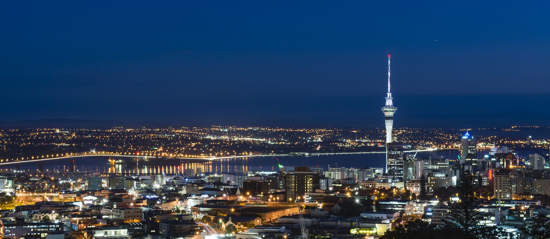 Auckland at night, the Sky Tower lit above the central city and the harbour bridge lit across the water behind it