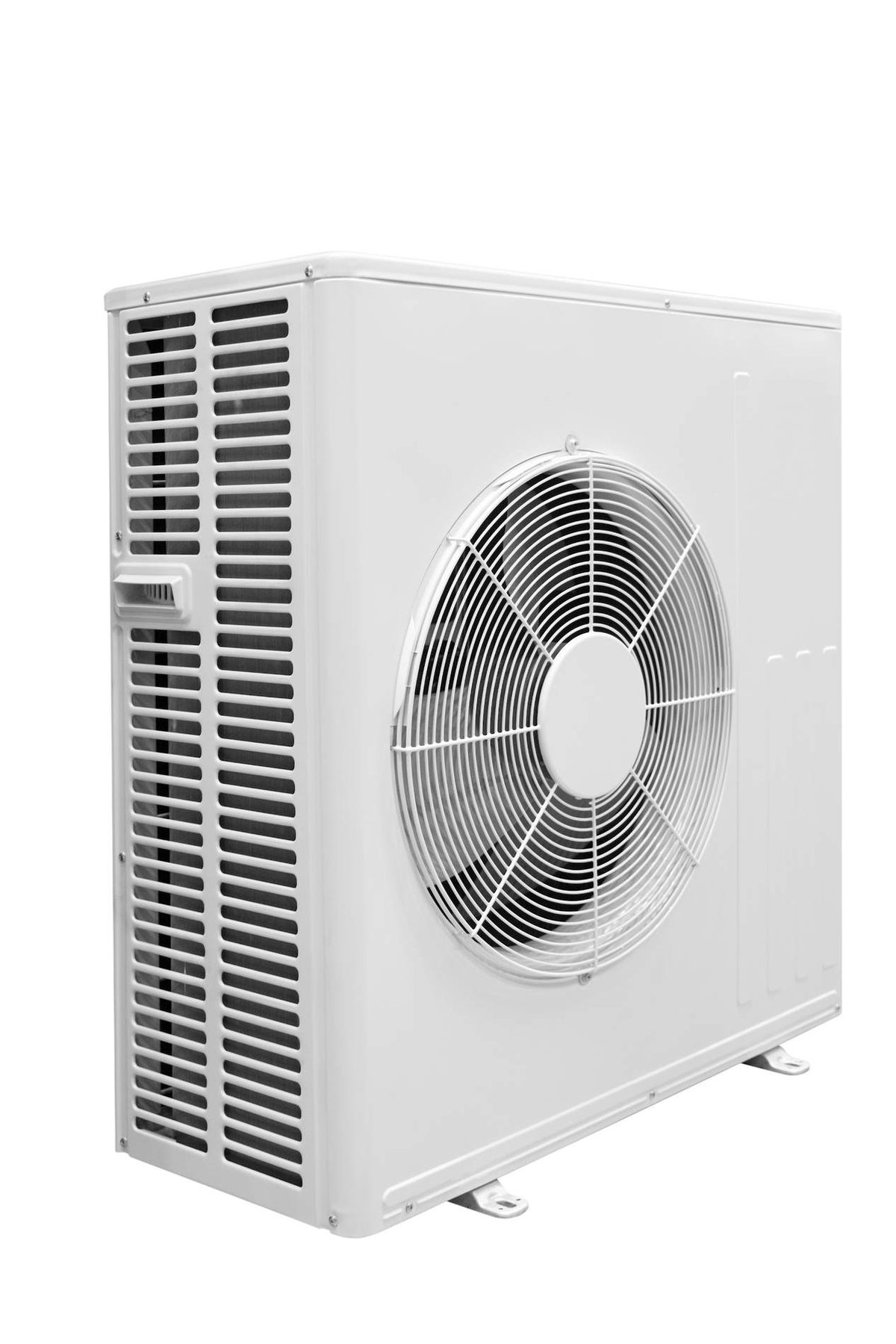 A white heat pump outdoor unit with a round fan grille, shown on a plain white background